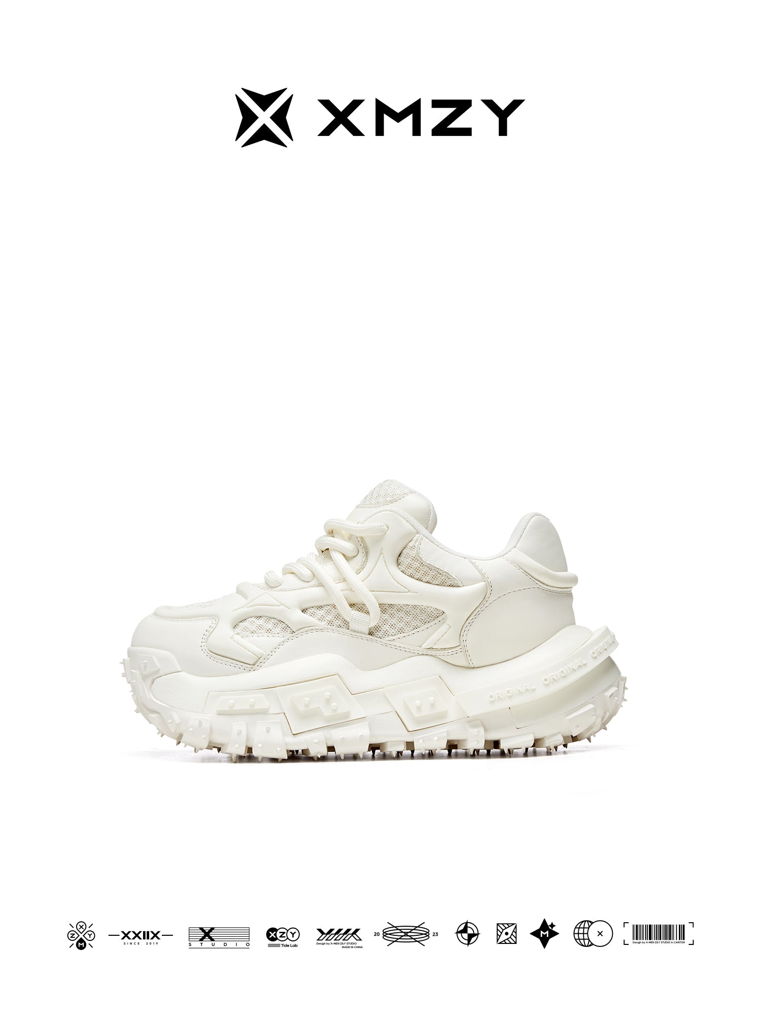 XMZY 2025 Spring New Original Leather Hollow Design Breathable White Sneakers Thick Soled Heightened Dad Shoes Women