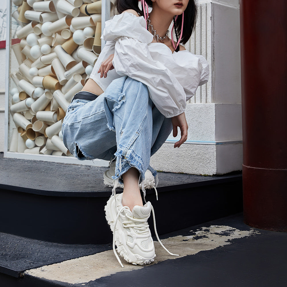XMZY 2025 Spring New Original Leather Hollow Design Breathable White Sneakers Thick Soled Heightened Dad Shoes Women